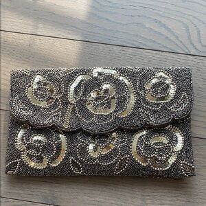 Elegant Silver and Gold Beaded Evening Clutch- chain inside